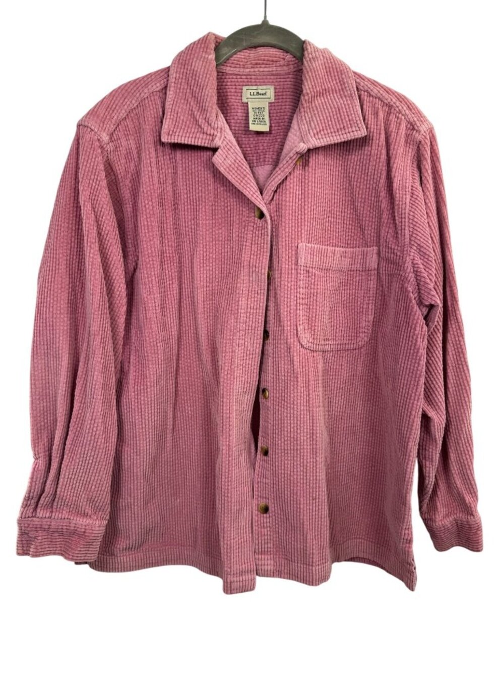 L.L. Bean Pink Corduroy Button Up Shirt Medium Petite 100% Cotton Long Sleeve